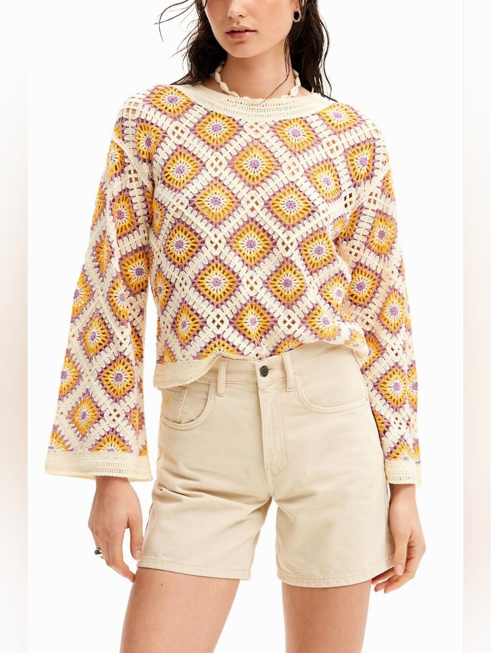 Desigual Crochet Granny Square Sweater Pullover Large Boho - Picture 4 of 9
